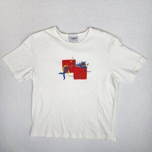 Nikki Womens Embroidered Fish Top Size L White with Multicolored Fish